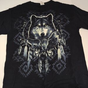VTG Wolf Howling Fruit Of The Loom HD T-shirt Black Grey Men Size L Y2K Twilight